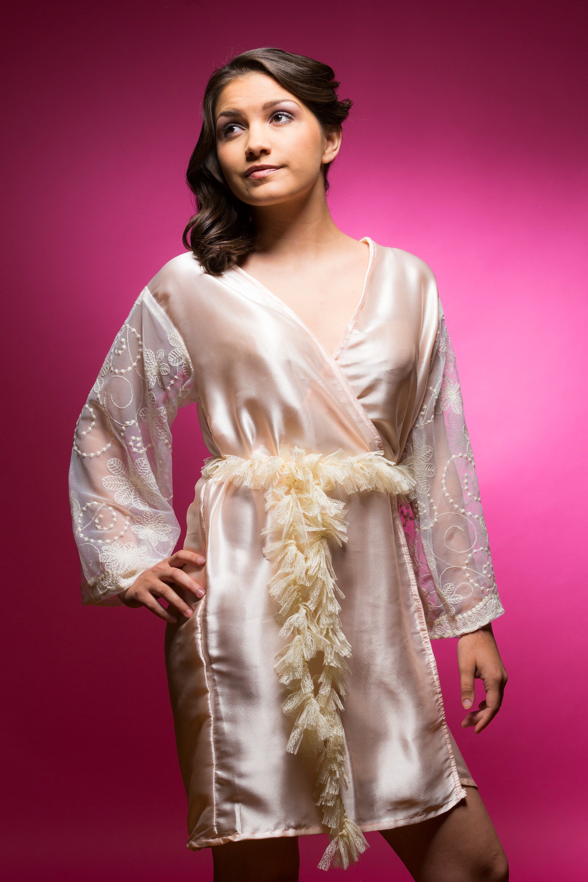 Peach Satin Robe with Lace Sleeves-2