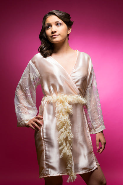 Peach Satin Robe with Lace Sleeves-2