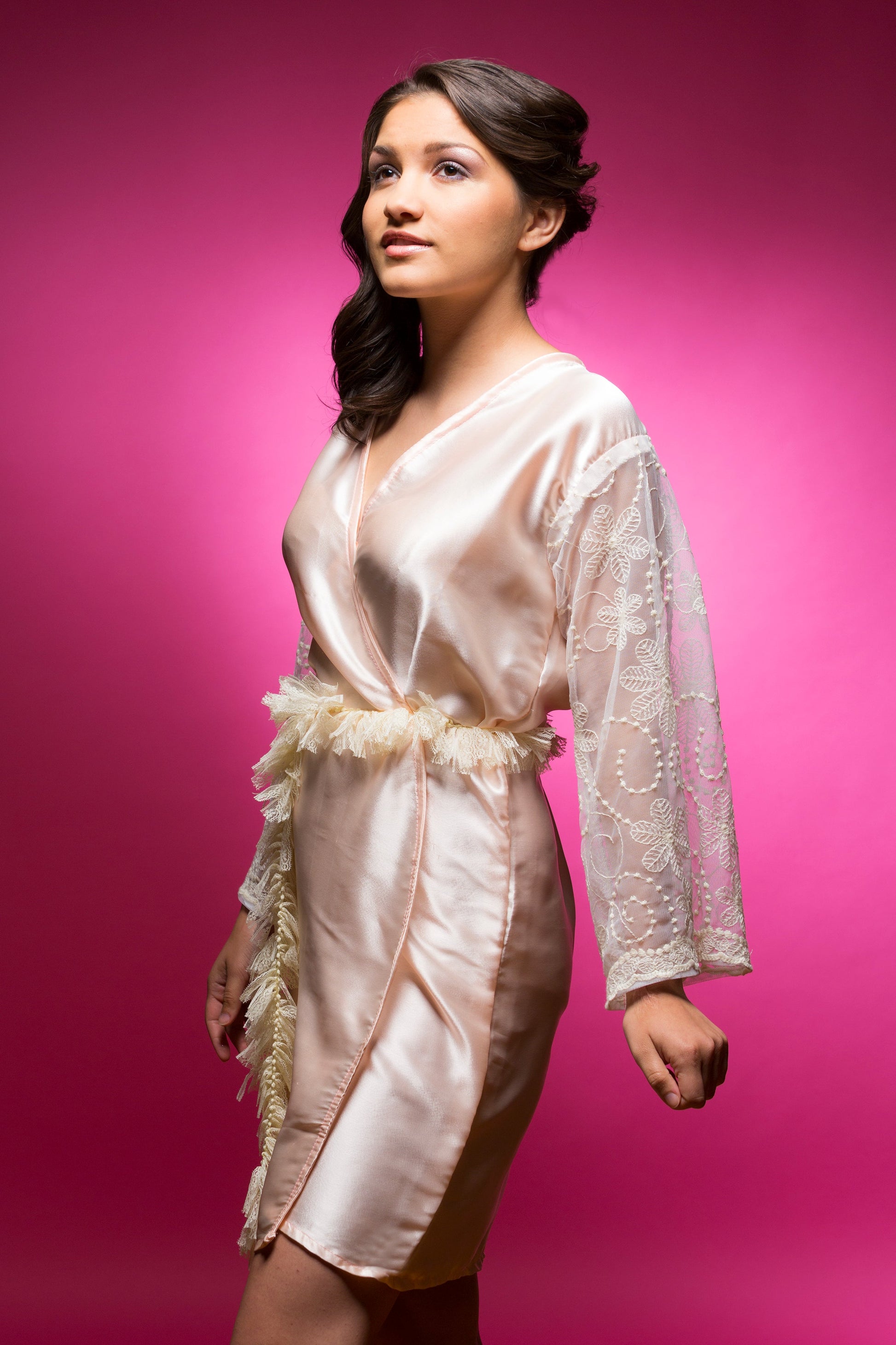 Peach Satin Robe with Lace Sleeves-1