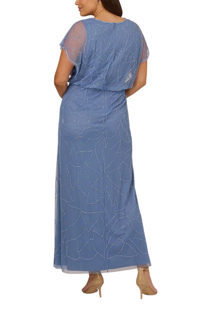 Adrianna Papell V-Neck Dolman Sleeves Blouson Zipper Closure Beaded Mesh Gown-1