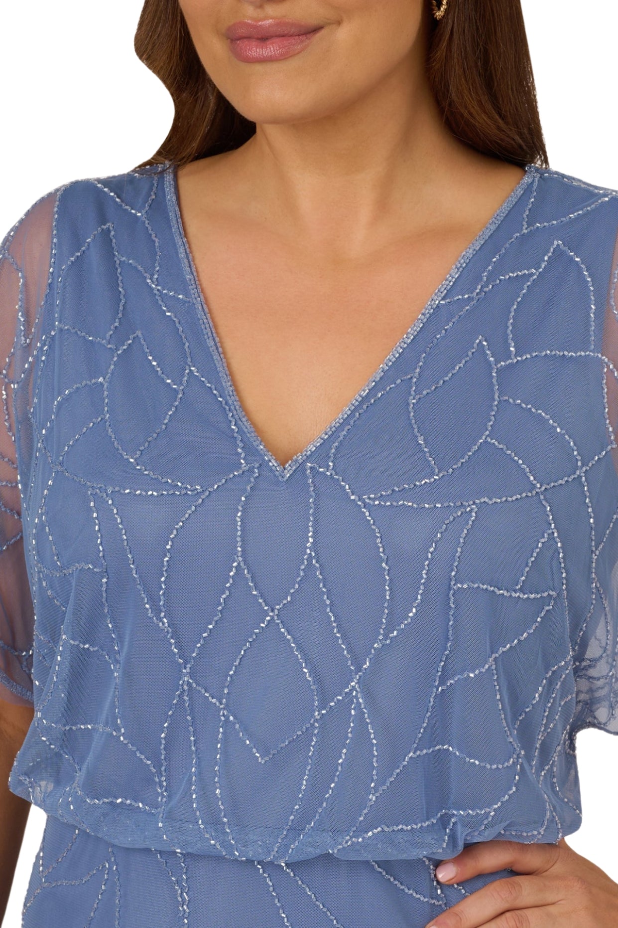 Adrianna Papell V-Neck Dolman Sleeves Blouson Zipper Closure Beaded Mesh Gown-2