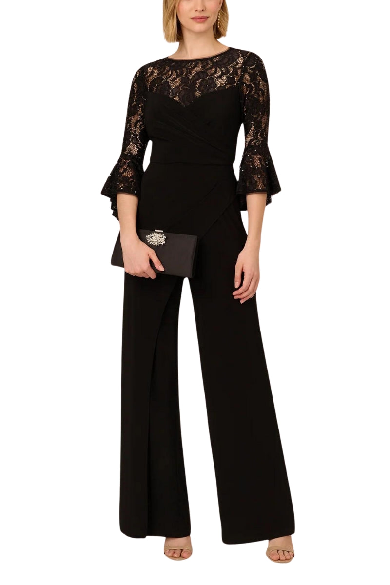 Adrianna Papell Jersey Lace Crew Neck Elbow Sleeve Ruffle Cuff Straight Leg Jumpsuit-1