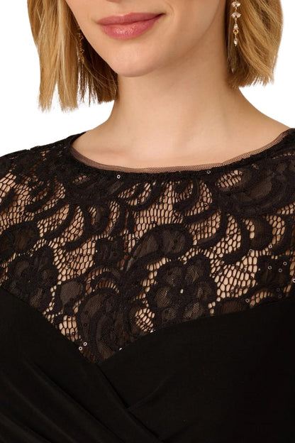 Adrianna Papell Jersey Lace Crew Neck Elbow Sleeve Ruffle Cuff Straight Leg Jumpsuit-3