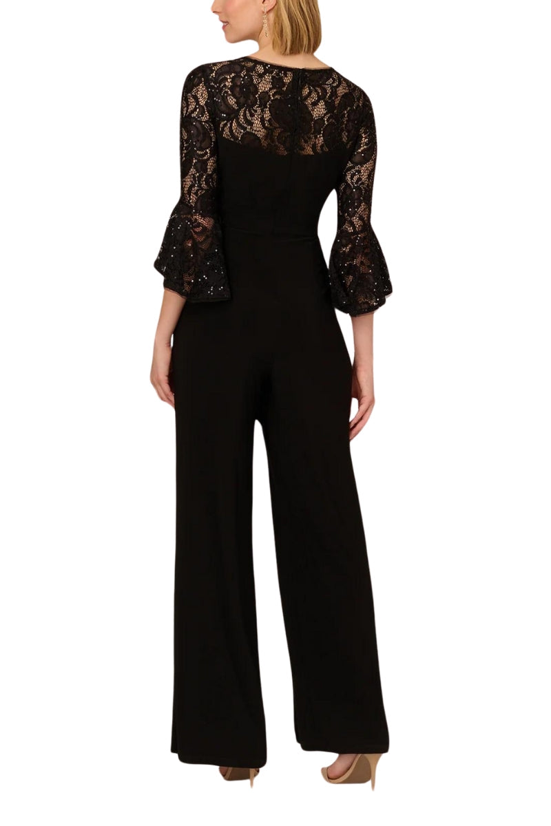 Adrianna Papell Jersey Lace Crew Neck Elbow Sleeve Ruffle Cuff Straight Leg Jumpsuit-2