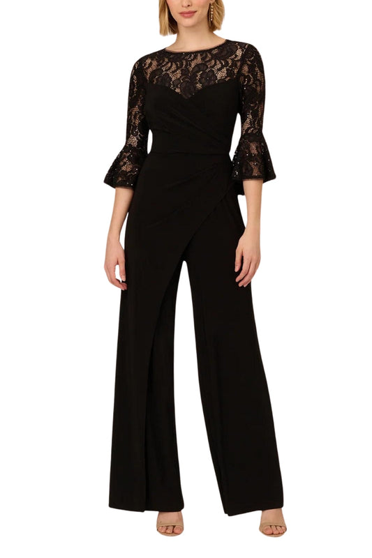 Adrianna Papell Jersey Lace Crew Neck Elbow Sleeve Ruffle Cuff Straight Leg Jumpsuit-0
