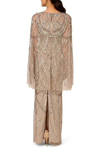 Adrianna Papell Sweetheart Boat Neck Cape Sleeves Beaded Mesh Illusion Trim Flutter Hemline Sheath Floor-Length Silhouette Dress-1