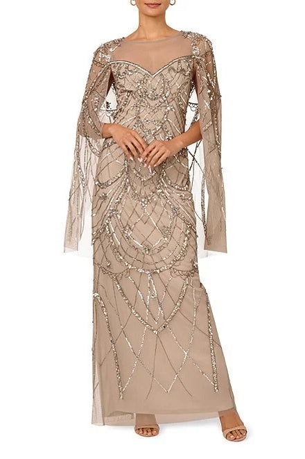 Adrianna Papell Sweetheart Boat Neck Cape Sleeves Beaded Mesh Illusion Trim Flutter Hemline Sheath Floor-Length Silhouette Dress-0