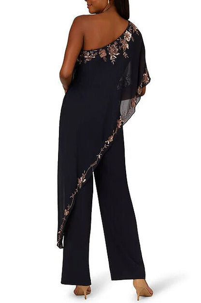 Adrianna Papell Beaded Overlay One Shoulder Straight Leg Jumpsuit-1