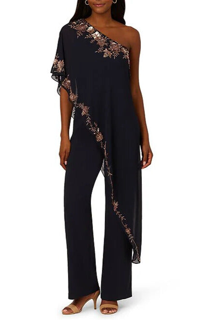 Adrianna Papell Beaded Overlay One Shoulder Straight Leg Jumpsuit-0