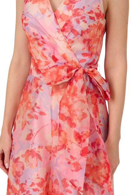 Adrianna Papell Surplice Neckline Floral Organza Wide Leg Jumpsuit Dress-3