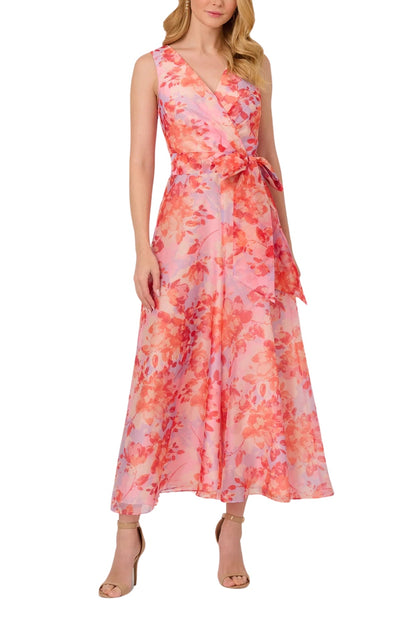 Adrianna Papell Surplice Neckline Floral Organza Wide Leg Jumpsuit Dress-0