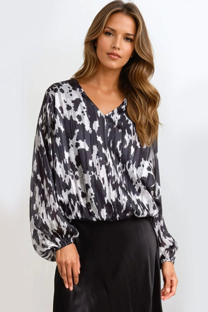 Black Animal Print V Neck Blouse-0