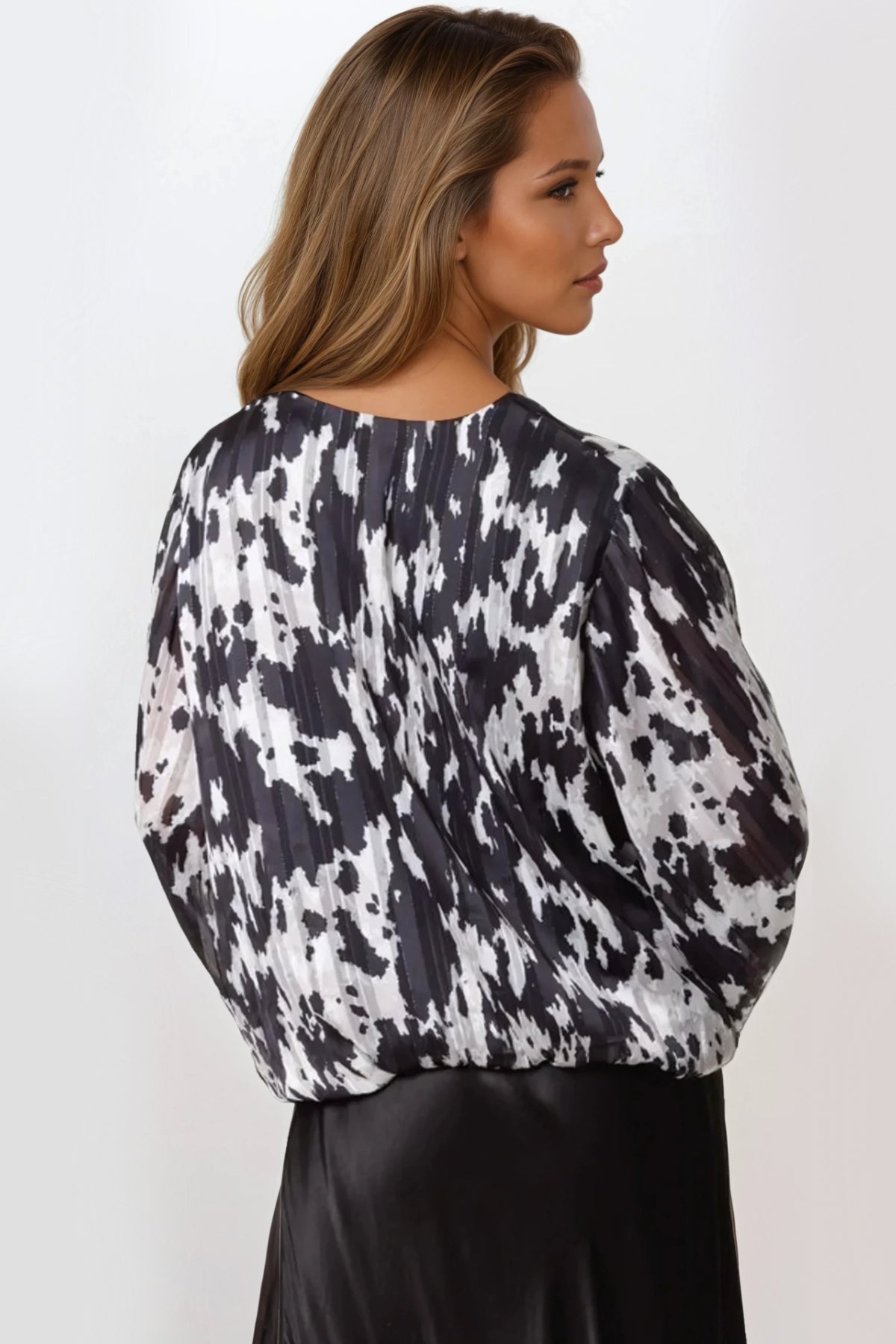 Black Animal Print V Neck Blouse-1