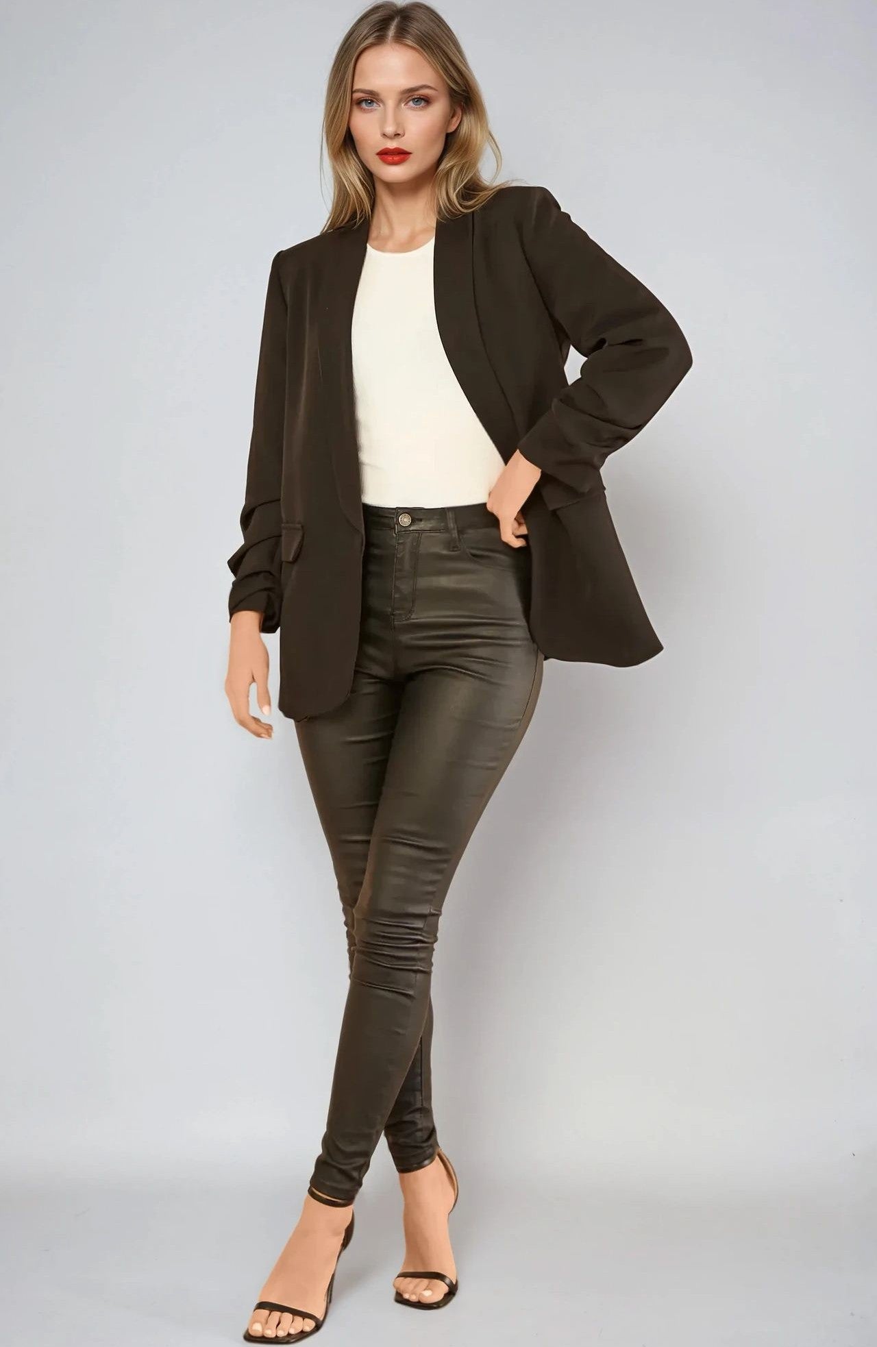 Black Blazer with Ruched Sleeves-2