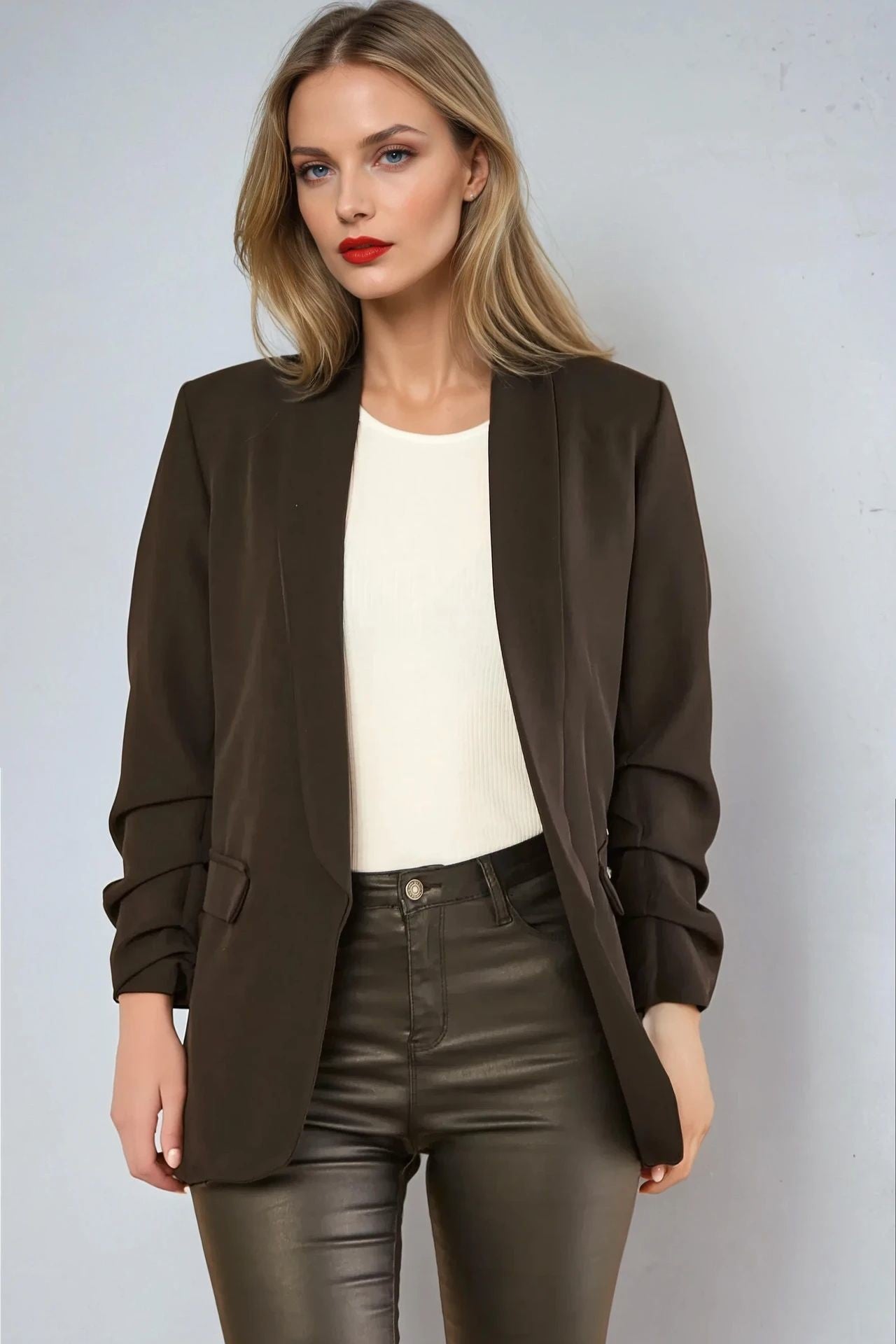 Black Blazer with Ruched Sleeves-1