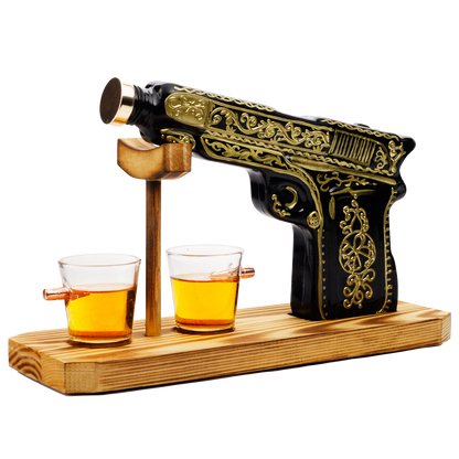 Hand Painted Pistol Whiskey & Wine Decanter by The Wine Savant - Pistol Whiskey Gun Decanter & 2 Bullet Shot Glasses - Military Gifts, Veteran Gifts, Law Enforcement Gifts, Home Bar Gifts, Drinking-0