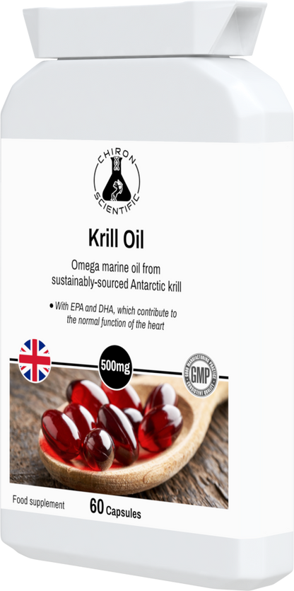 Krill oil bottle and label