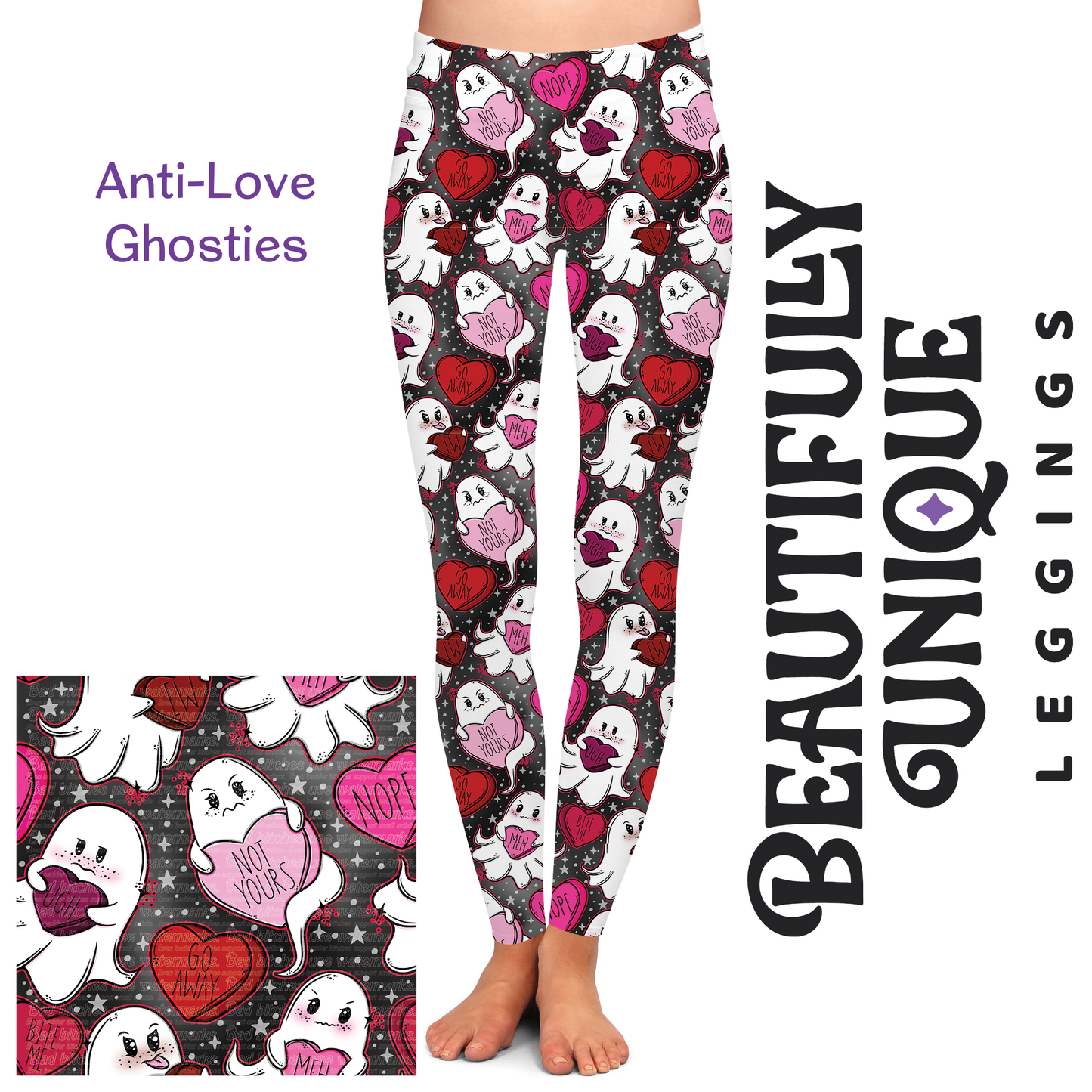 Anti-Love Ghosties (Semi-Exclusive) - Ghost Hearts Valentine's Day Love High-quality Handcrafted Vibrant Leggings-1