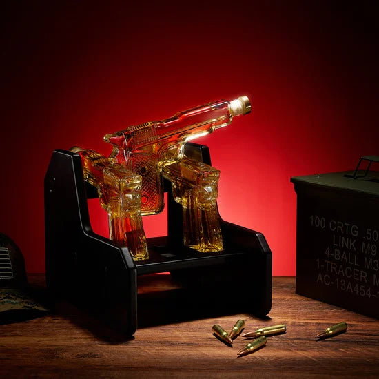 Gifts for Men Dad Whiskey Decanter Set | 7.7 Oz | Three Pistol Gun & Wooden Stand, Unique Birthday Gift Ideas Daughter Son, Home Bar Gifts, Drinking Accessories Military Present Cool Dispenser-2
