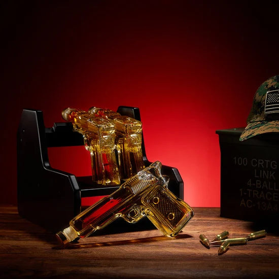 Gifts for Men Dad Whiskey Decanter Set | 7.7 Oz | Three Pistol Gun & Wooden Stand, Unique Birthday Gift Ideas Daughter Son, Home Bar Gifts, Drinking Accessories Military Present Cool Dispenser-1