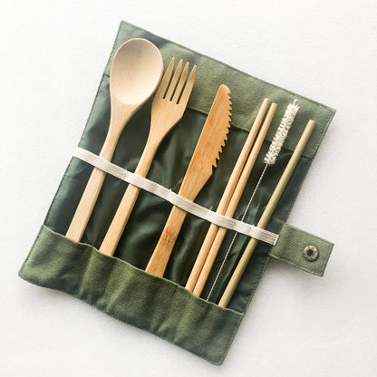 Bamboo Cutlery Set | Zero Waste Reusable | Washable Organic Cotton Travel Pouch & Hemp Cleaning Brush-5