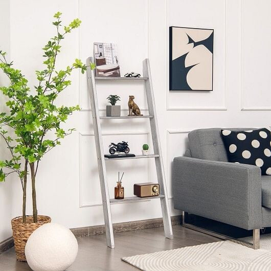 4-Tier Wall Leaning Ladder Shelf Stand-Gray-0