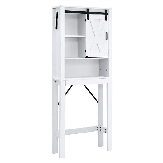 3-Tier Wodden Bathroom Cabinet with Sliding Barn Door and 3-position Adjustable Shelves-White-0
