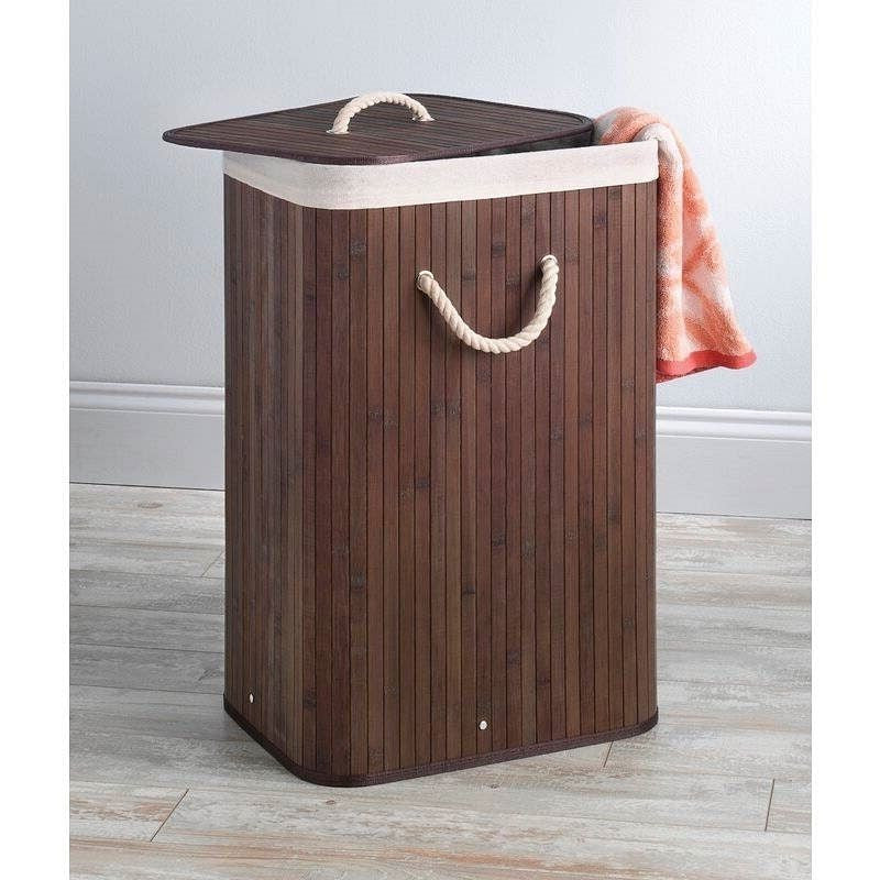 Brown Bamboo Laundry Hamper Dirty Clothes Basket with Lid and Removable Bag-0