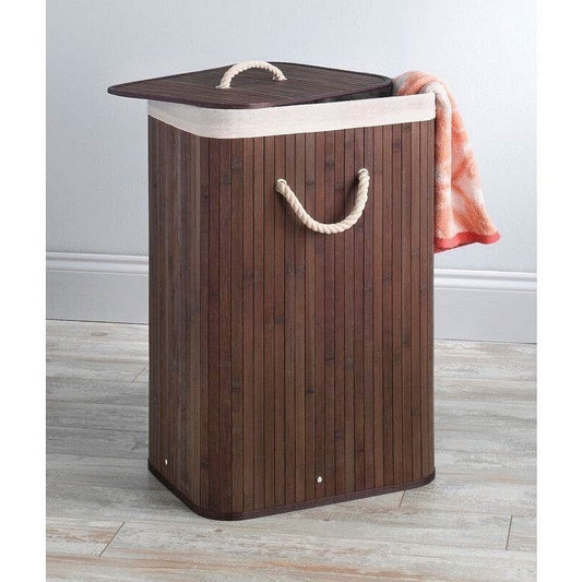 Brown Bamboo Laundry Hamper Dirty Clothes Basket with Lid and Removable Bag-0