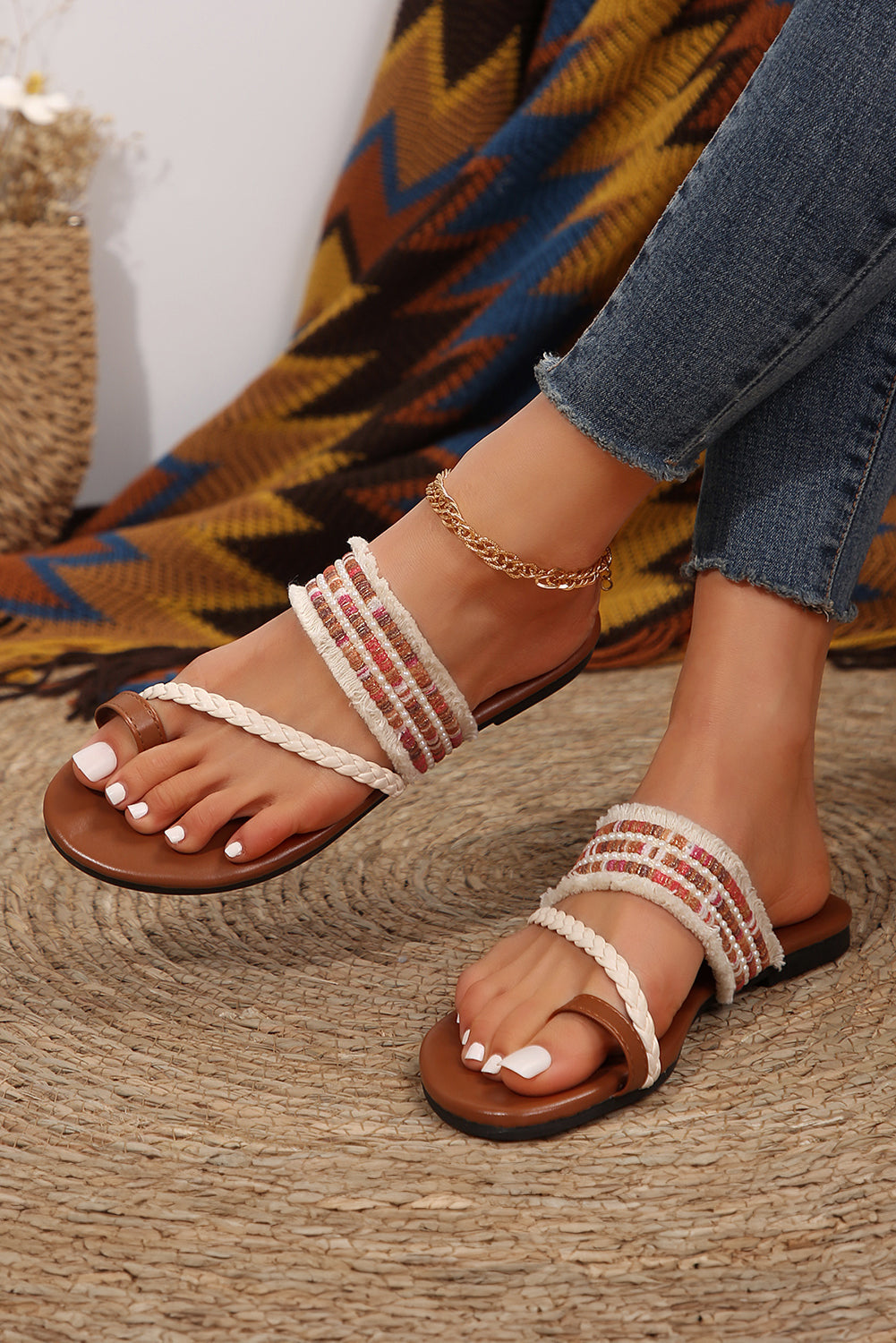 Beaded Embroidered Braided Strap Thong Slippers-1