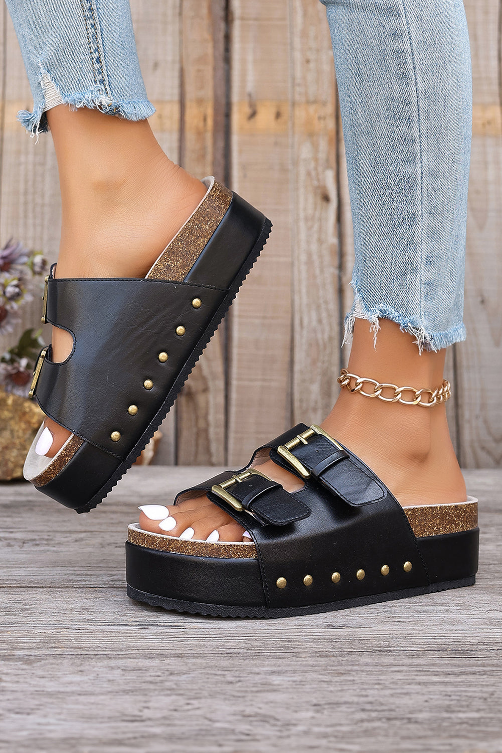 Dual Buckle Studded Platform Sandal Slippers-2