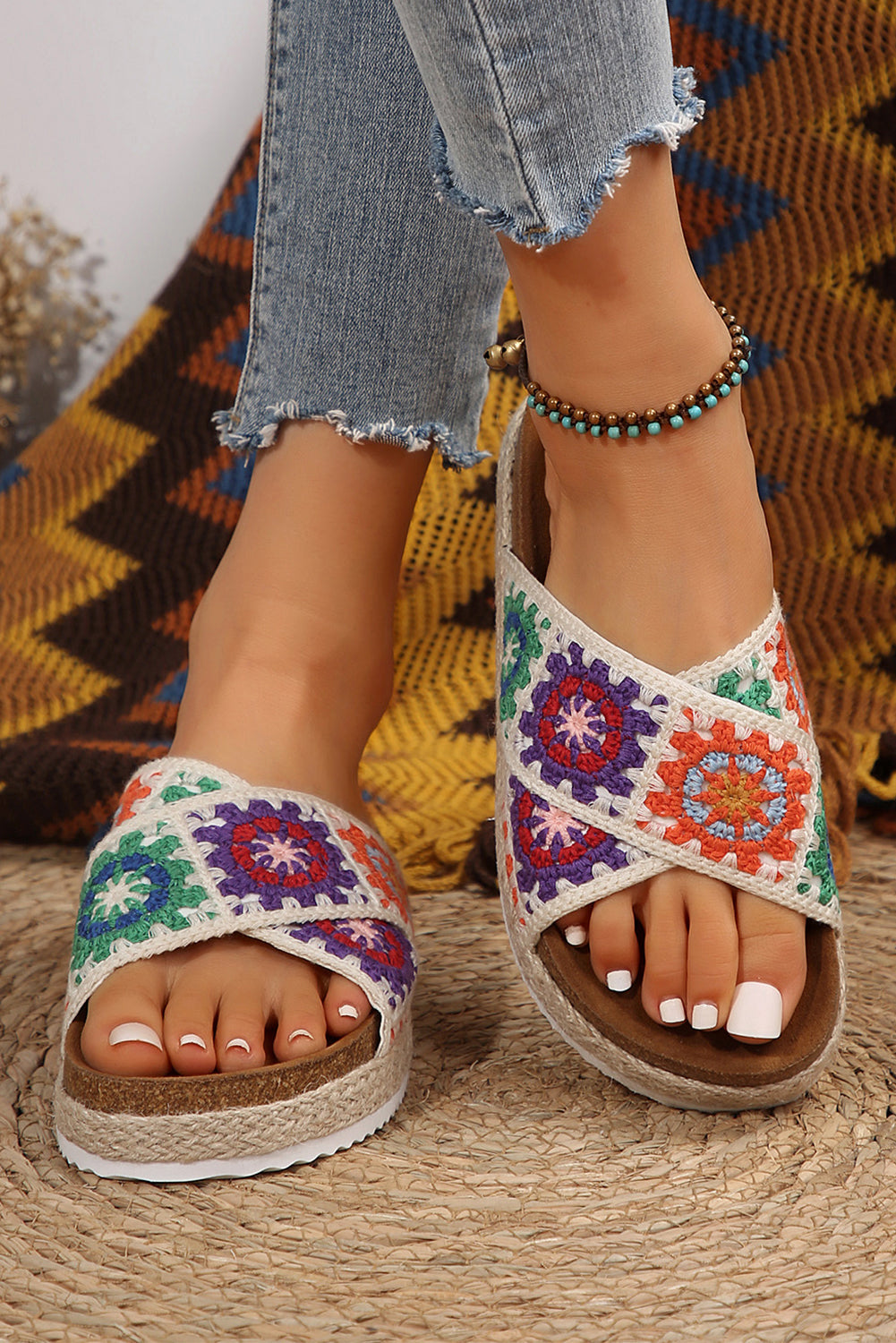 Geometric Woven Crisscross Strap Platform Slippers-3