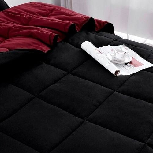 Full/Queen Traditional Microfiber Reversible 3 Piece Comforter Set in Black/Maroon-0