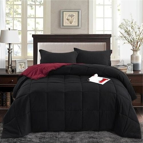 Full/Queen Traditional Microfiber Reversible 3 Piece Comforter Set in Black/Maroon-2