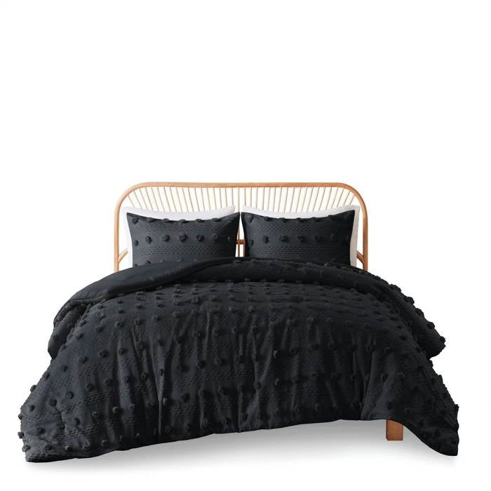 King/Cal King 3 Piece Pompom Microfiber Hypoallergenic Comforter Set in Black-0