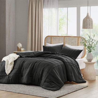 King size Pre-Washed Pleated Microfiber Comforter Set in Black-1