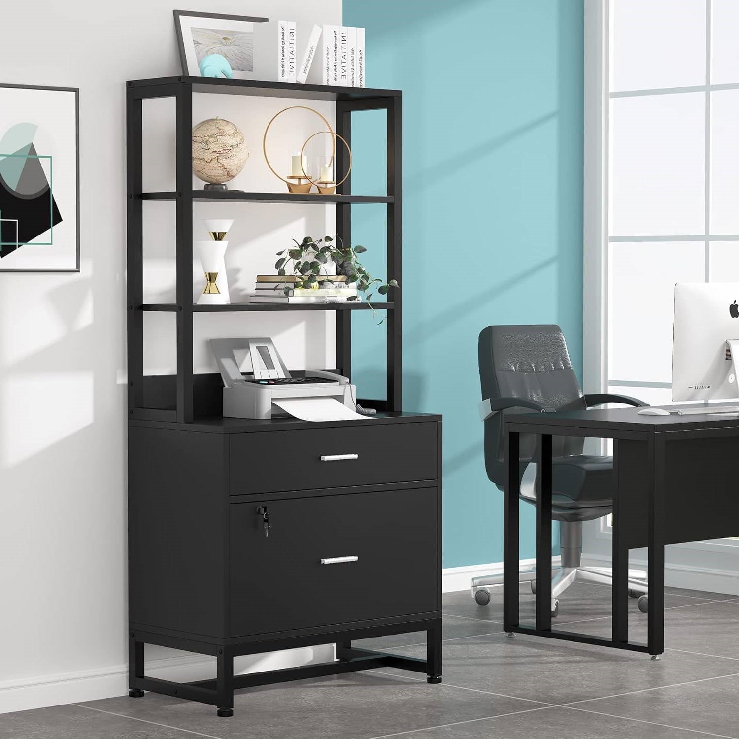 Home Office Lockable 2 Drawer Filing Cabinet Bookshelf in Black Wood Finish-1