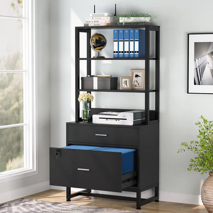 Home Office Lockable 2 Drawer Filing Cabinet Bookshelf in Black Wood Finish-2