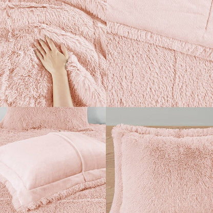 Full/Queen Pink Blush Soft Sherpa Faux Fur 3-Piece Comforter Set-1