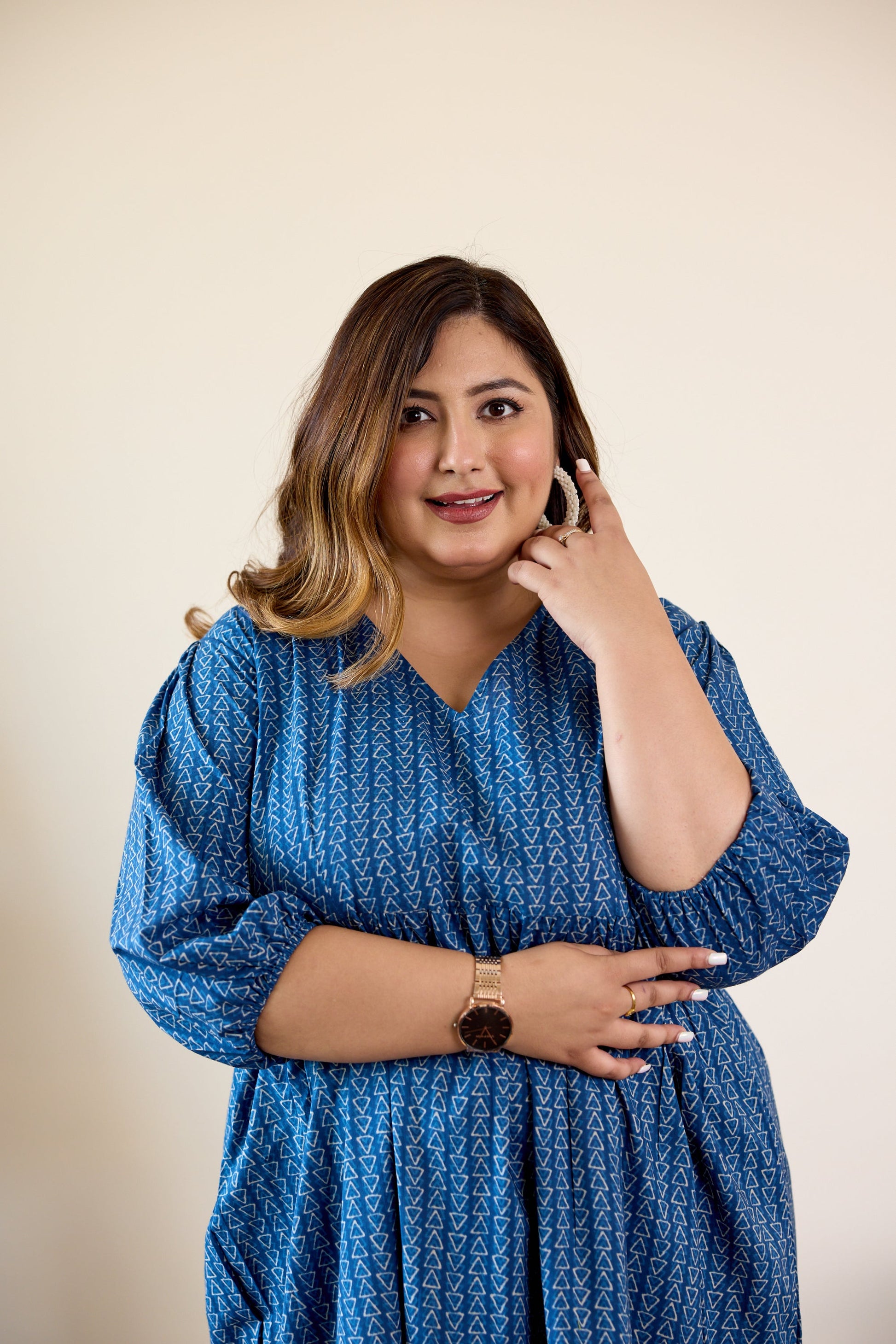 Blue Geometric Print Tiered Dress-3