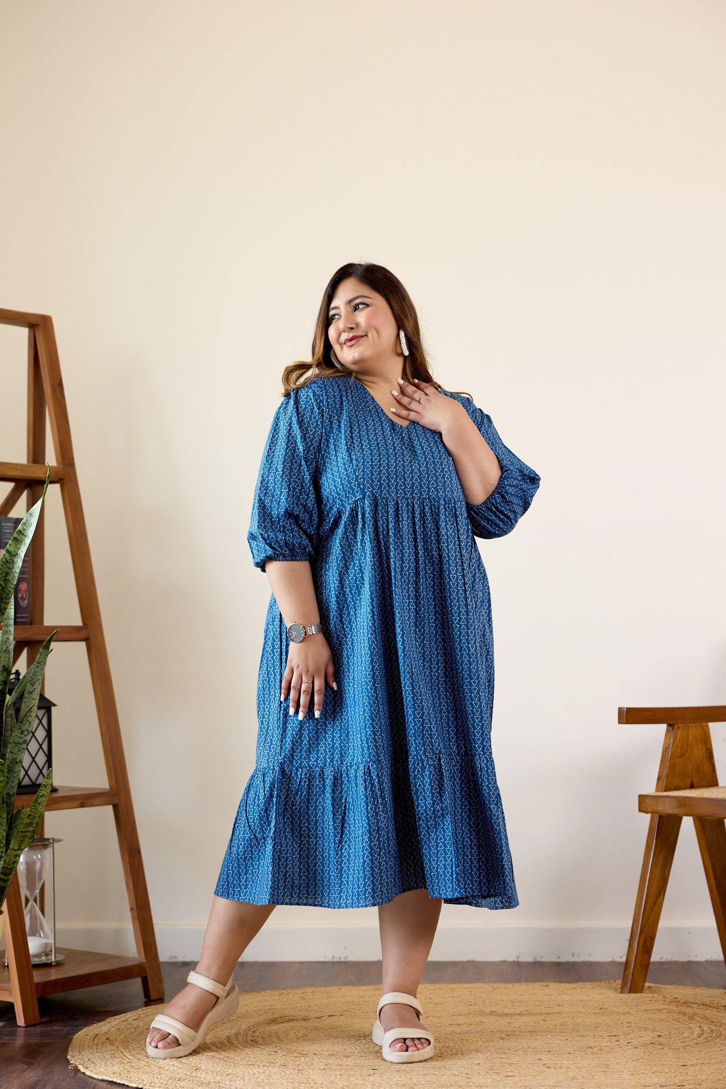 Blue Geometric Print Tiered Dress-0