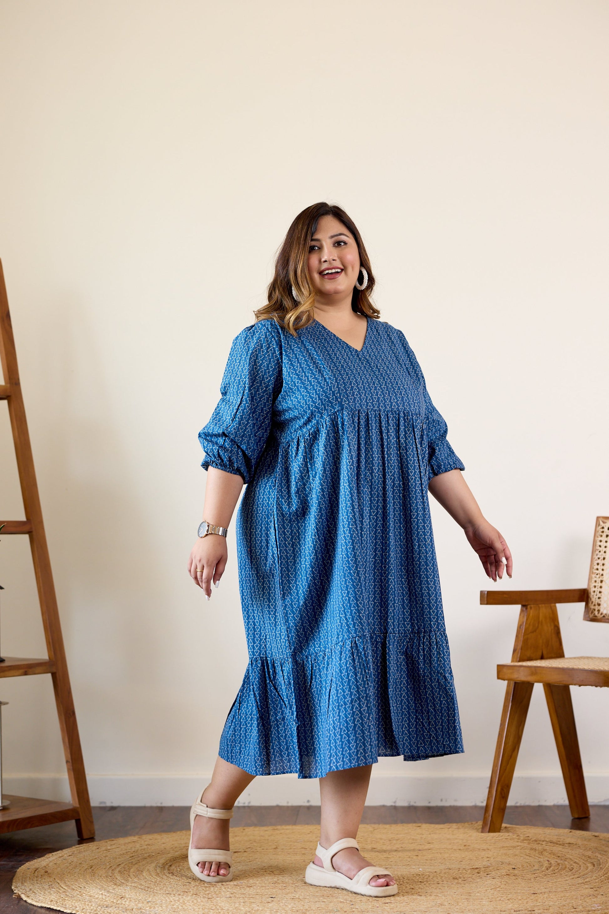 Blue Geometric Print Tiered Dress-2