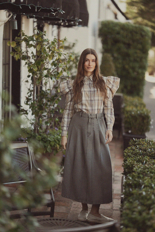 Stitched Pleated Skirt-Grey-0