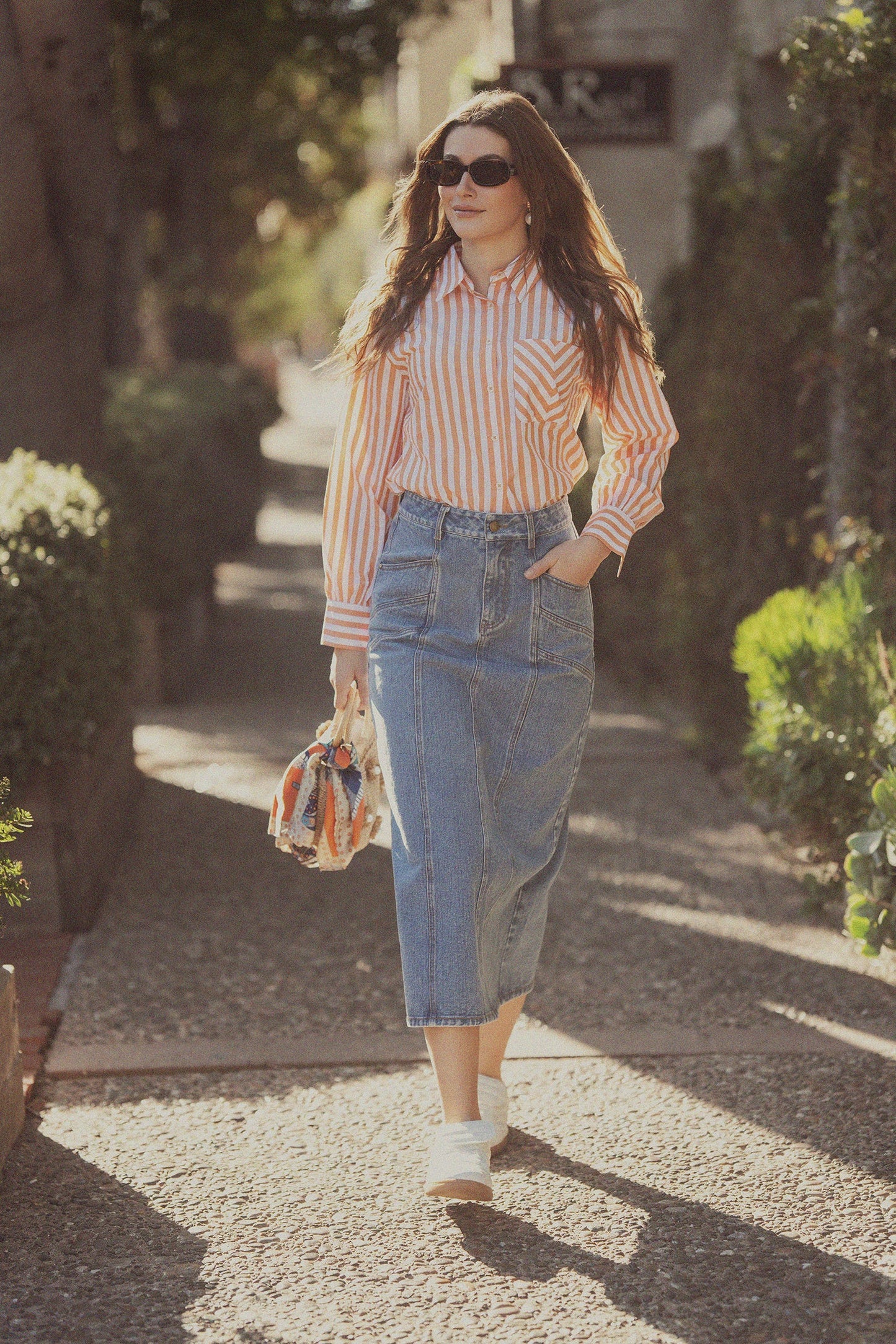 Front Seam Detail Denim Skirt-Blue Wash-3