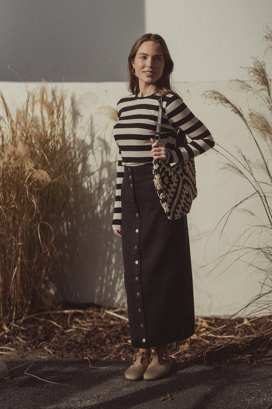 Ribbed Striped High V Tee Long Sleeve-Tan/Black-0