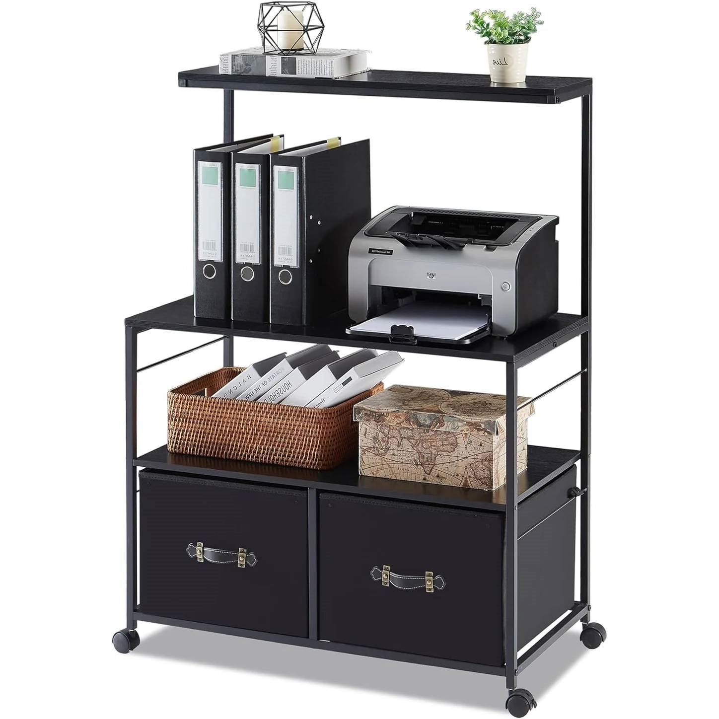 Industrial Modern Black Metal Wood Printer Stand File Cabinet w/ Fabric Drawers-0