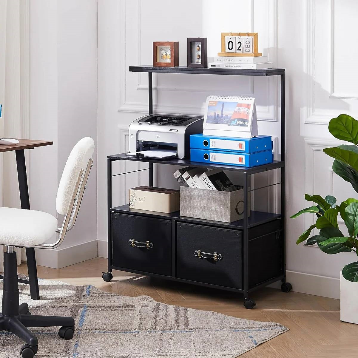 Industrial Modern Black Metal Wood Printer Stand File Cabinet w/ Fabric Drawers-1