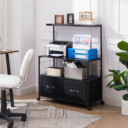 Industrial Modern Black Metal Wood Printer Stand File Cabinet w/ Fabric Drawers-1