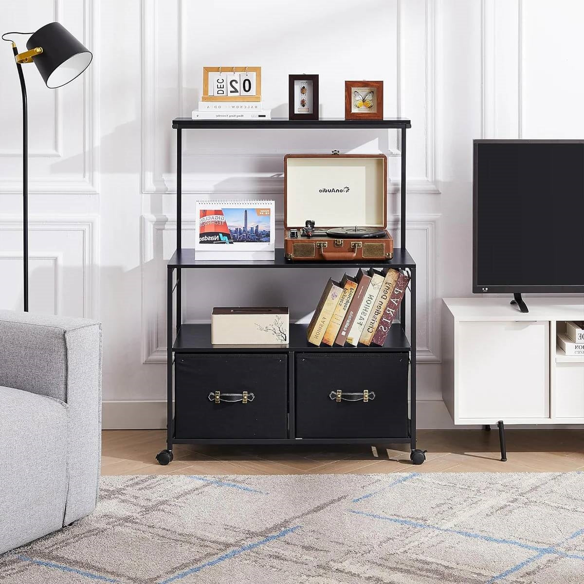 Industrial Modern Black Metal Wood Printer Stand File Cabinet w/ Fabric Drawers-3