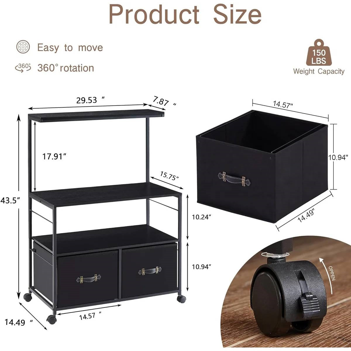 Industrial Modern Black Metal Wood Printer Stand File Cabinet w/ Fabric Drawers-4